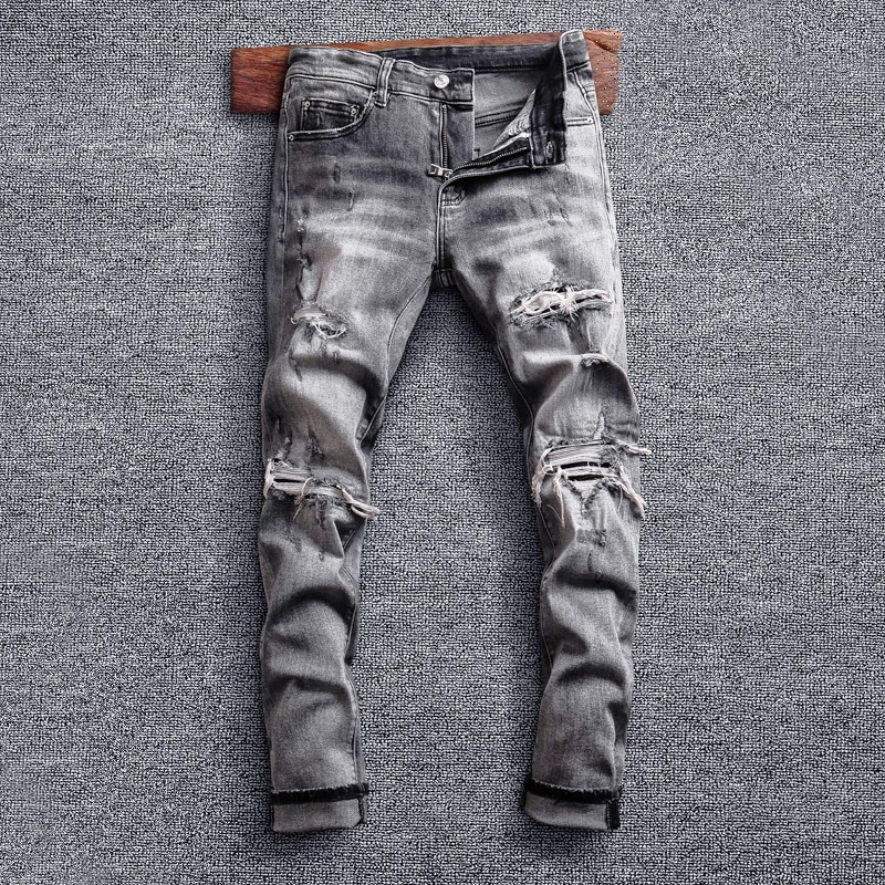 

Street Style Fashion Men Jeans Retro Gray Elastic Slim Fit Ripped Jeans Men Brand Designer Destroyed Hip Hop Denim Punk Pants