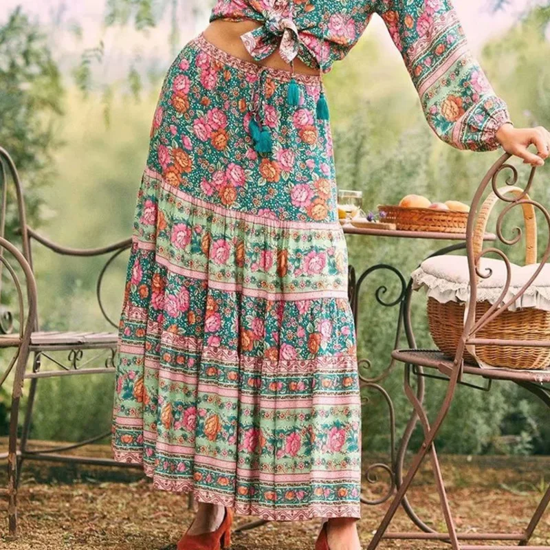 

2021 Bohemia Colored Floral Print Long Skirt Spliced Ruched Ruffle Hem Hippie Women Tassel Bow Adjust Waist Swing Skirts Holiday