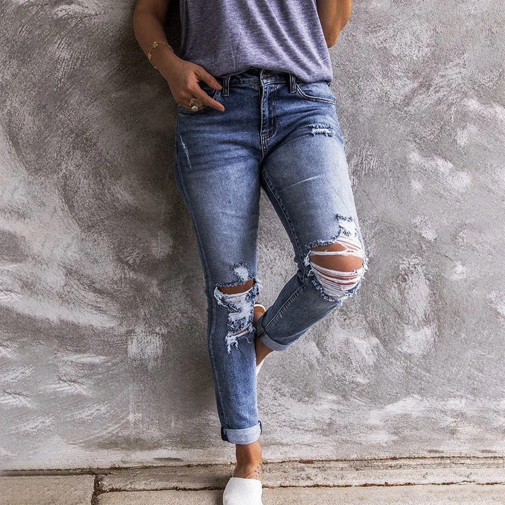 Новые женские сексуальные рваные джинсы с дырками Стрейчевые прямые брюки