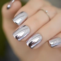 shiny punk style metallic light purple false fake nails metal plating acrylic short reflective mirror press on nail art tips