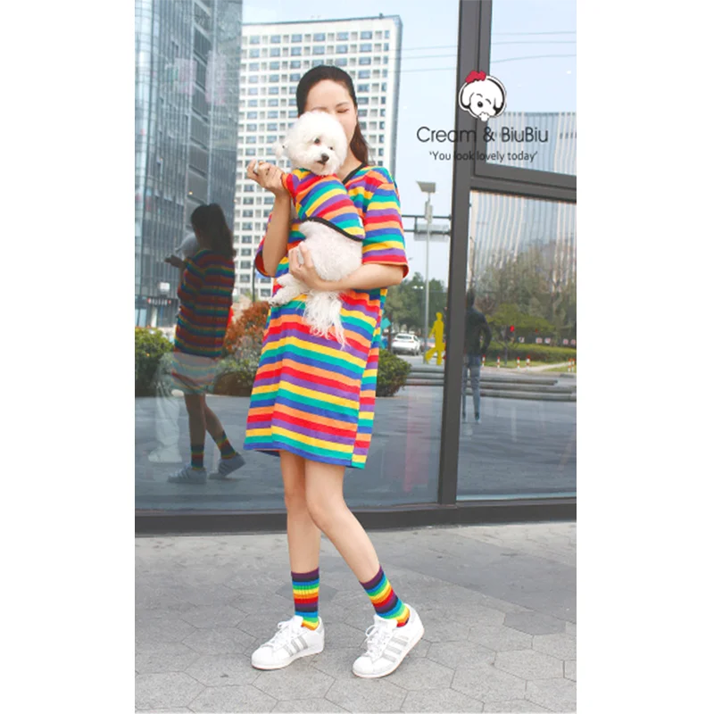 

Spring and Autumn Dog Biped Animal Animal Pet Parent-child Clothing Rainbow Stripes Colorful Dog Clothes