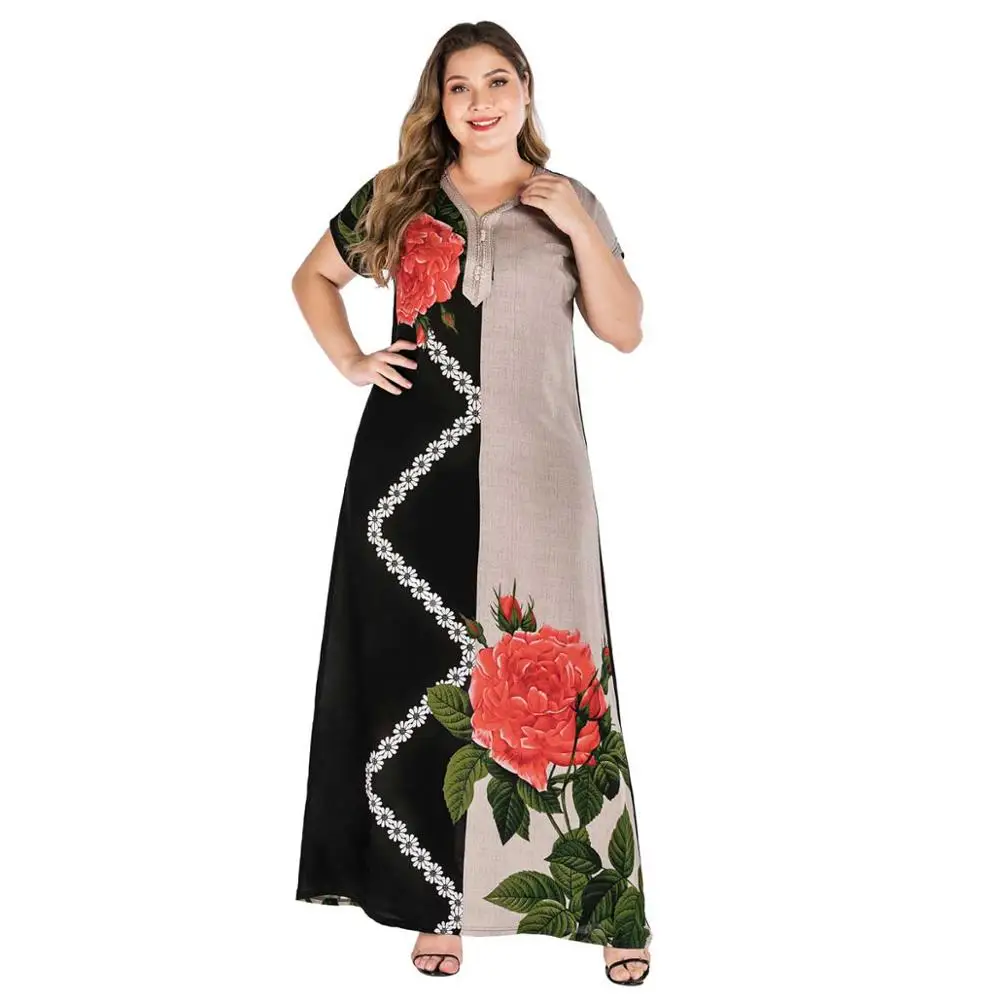 Plus Size Tribal Floral Print Boho Dress Women Summer Tunic 2021 Short Sleeve Muslim Abaya Kaftan Robe Loose Long Maxi Dresses