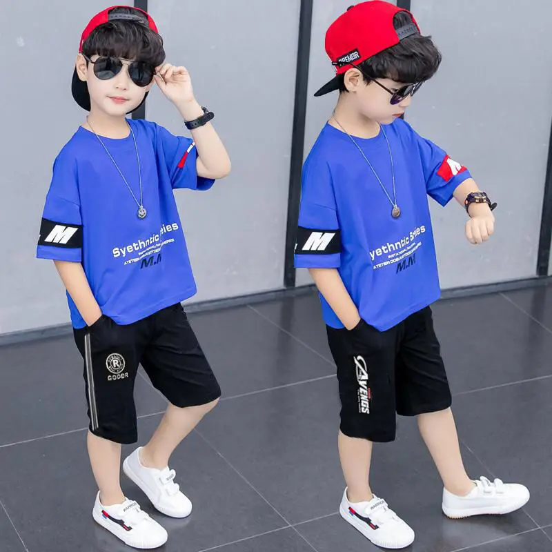 

2021 Boys Fashion Set (Top+Pant) Summer Suit New Children's Boys Summer Children's Short-sleeved Two-piece