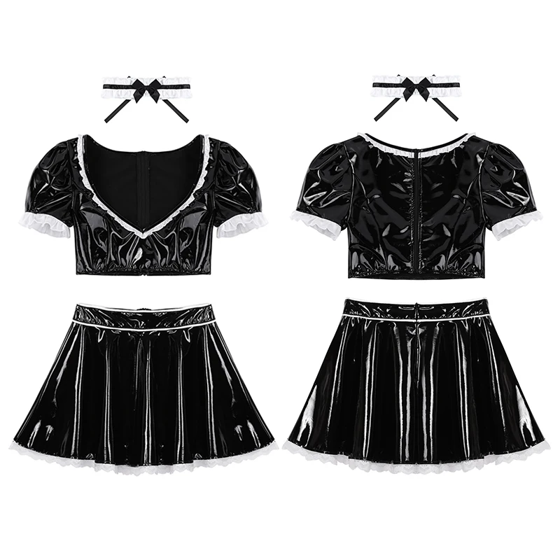 Женский блестящий кожаный Французский костюм горничной для косплея наряд с