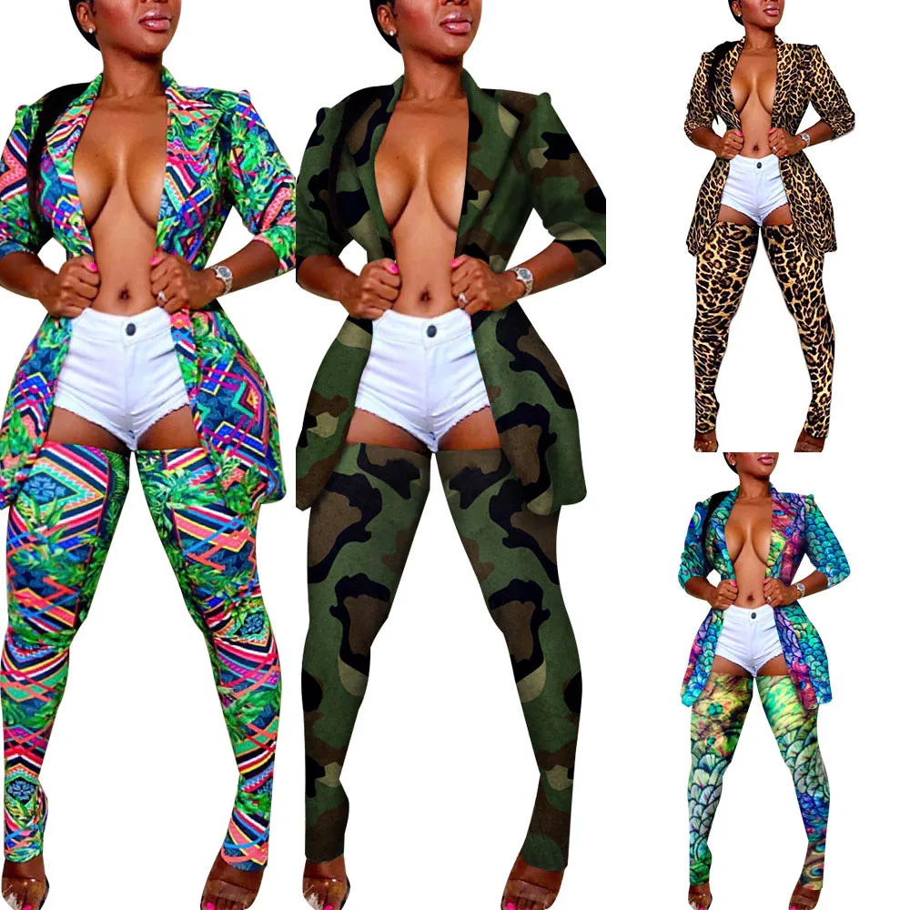 New Streetwear Hip Hop Camo Leopard Two Piece Set Women Festival Clothing Blazer Jacket and Pant Suits Sexy 2 Piece Club Outfits