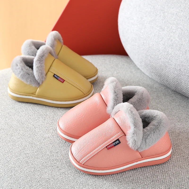 

Winter Children Cotton Shoes Warm Indoor Outdoor Leather PU Waterproof Slippers Soft Non-Slip Casual Boys Girls Kids Baby Shoes