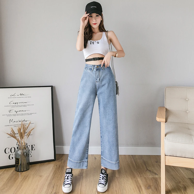 

The drape cowboy wide-legged pants female qiu tall waist loose show thin cec straight torre trousers Xuan ya hang down feeling