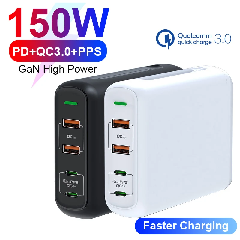 

150W GaN Adapter PD QC 4.0 3.0 Quick Charger with Dual Type C 100W PPS Fast Charging Power Adapter For Laptops, iPhone Samsung