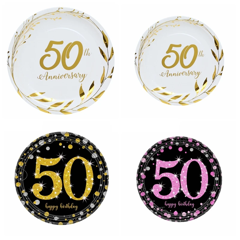 

50th Birthday Wedding Anniversary Party Decor Bronzing Golden 8pcs Paper Plate Disposable Tableware Supplies