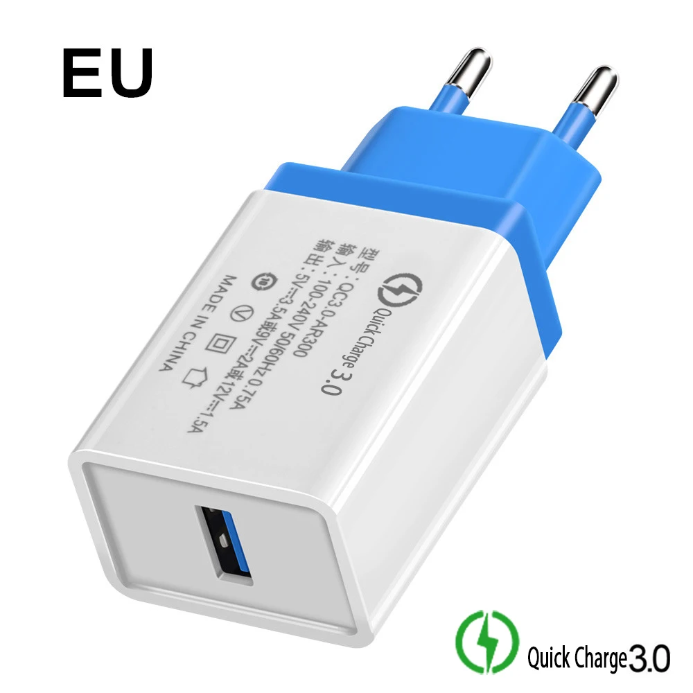 EU Blue Быстрое зарядное устройство для ЕС/США, 5 В/3,0 А, QC, USB, зарядное устройство для телефона, настенное, быстрое зарядное устройство, кабели для iphone, huawei, Xiaomi, samsung, Galaxy, ipad, Apple - Тип штекера: EU Blue