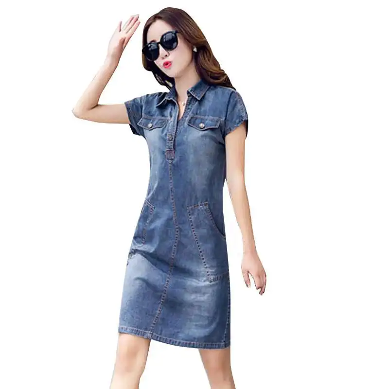 

Women Vintage Short Sleeve Denim Dress 2019 New Summer Loose V-neck Casual Dress Blue Large Size Jeans Dresses
