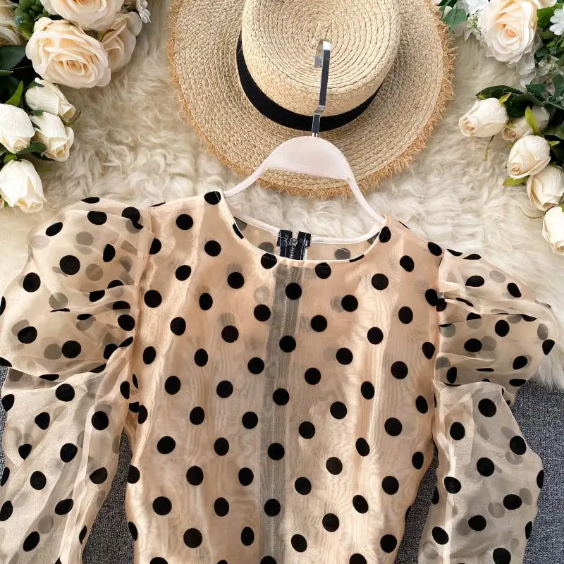 Ретро в горошек с принтом женский дизайн буфами на рукавах короткая блузка топы