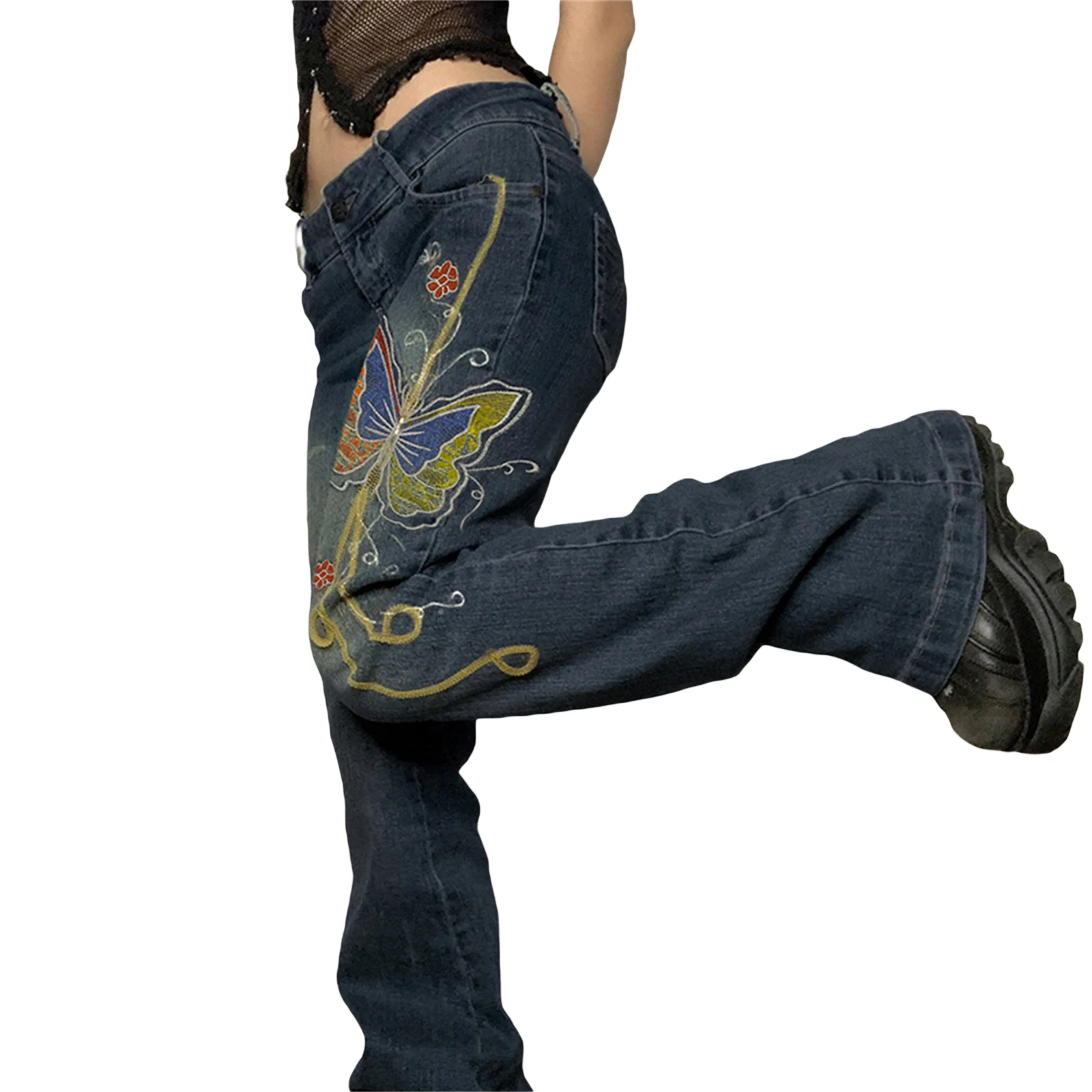 

New Style Women Jeans Vintage Multicolor Embroidery Butterfly Loose Zipper Button Casual Daily Trousers