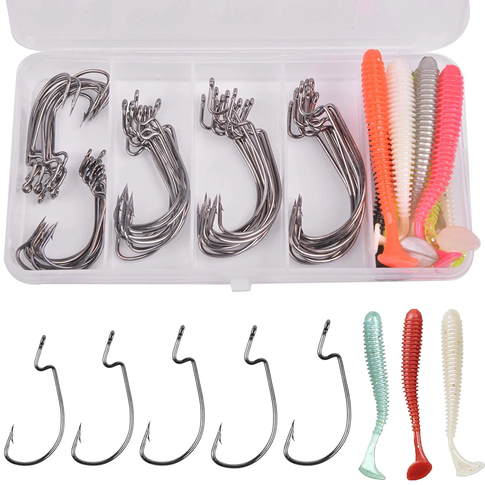 

60 шт./корт. Набор рыболовных крючков, приманки для червя с высокоуглеродистыми стальными офсетными крючками, мягкие пластиковые рыболовные ...