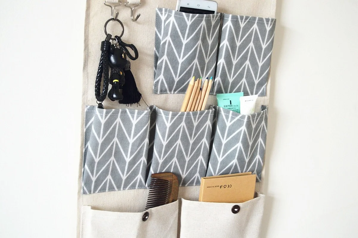 

2pc/set Wall-mounted Cotton Linen Hook Storage Bag Seven Storage Compartments for Living Room Bedroom Storage Bag Behind Door