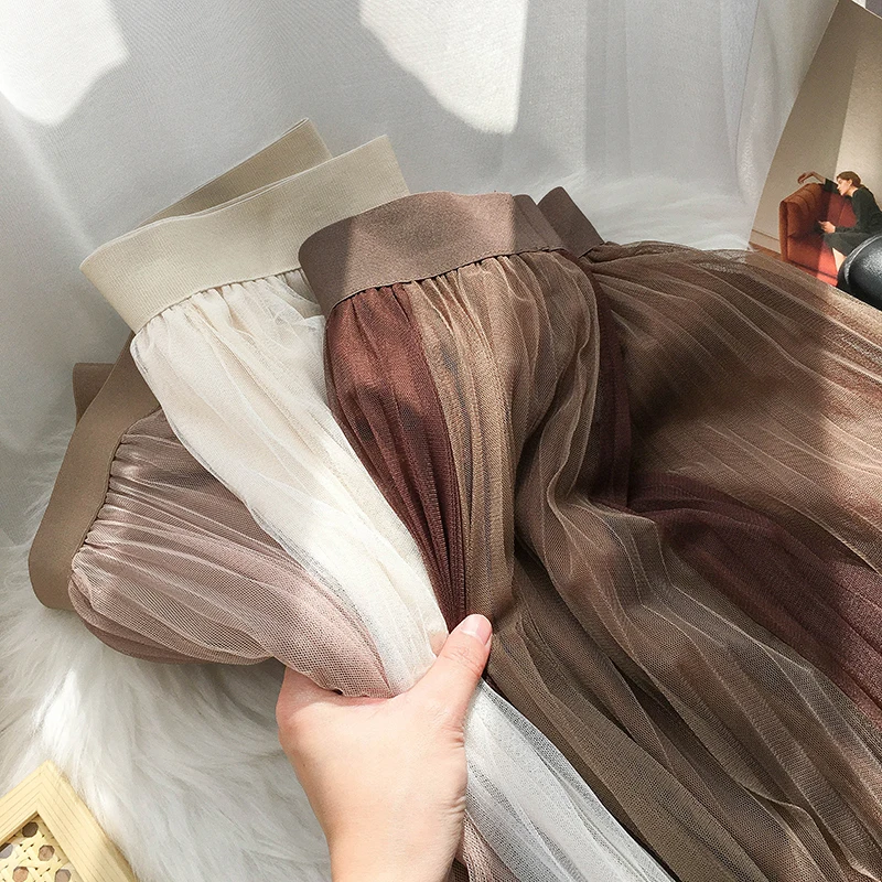

KUSAHIKI Korean Contrast Color Mesh Skirts High Waist Elegant Sweet Women Skirt 2021 Spring A-line Mid-calf Mujer Faldas 6E910