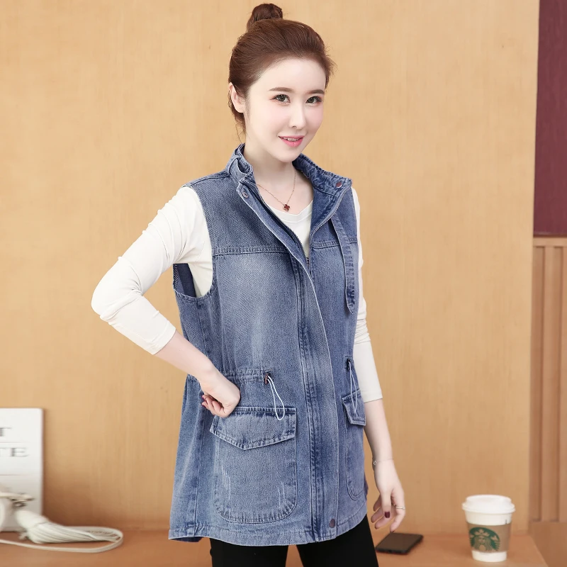 

Spring Summer Vintage Denim Jacket Vest Women's New Femme Korean Loose Sleeveless Coat Female Mid-length Waistcoat Top M671
