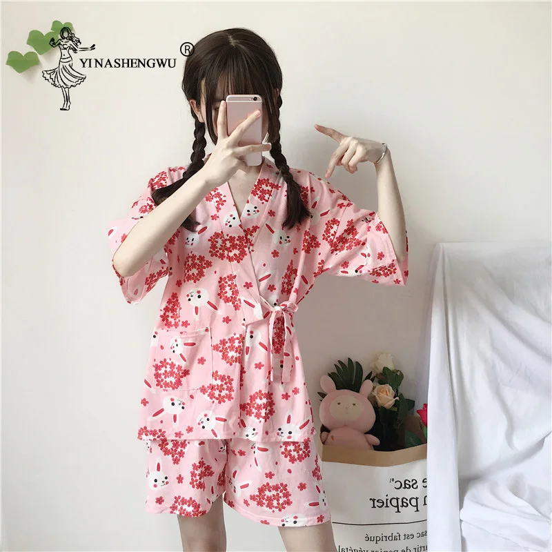 Кимоно женское с коротким рукавом юката из хлопка комплект пижамы кроликом