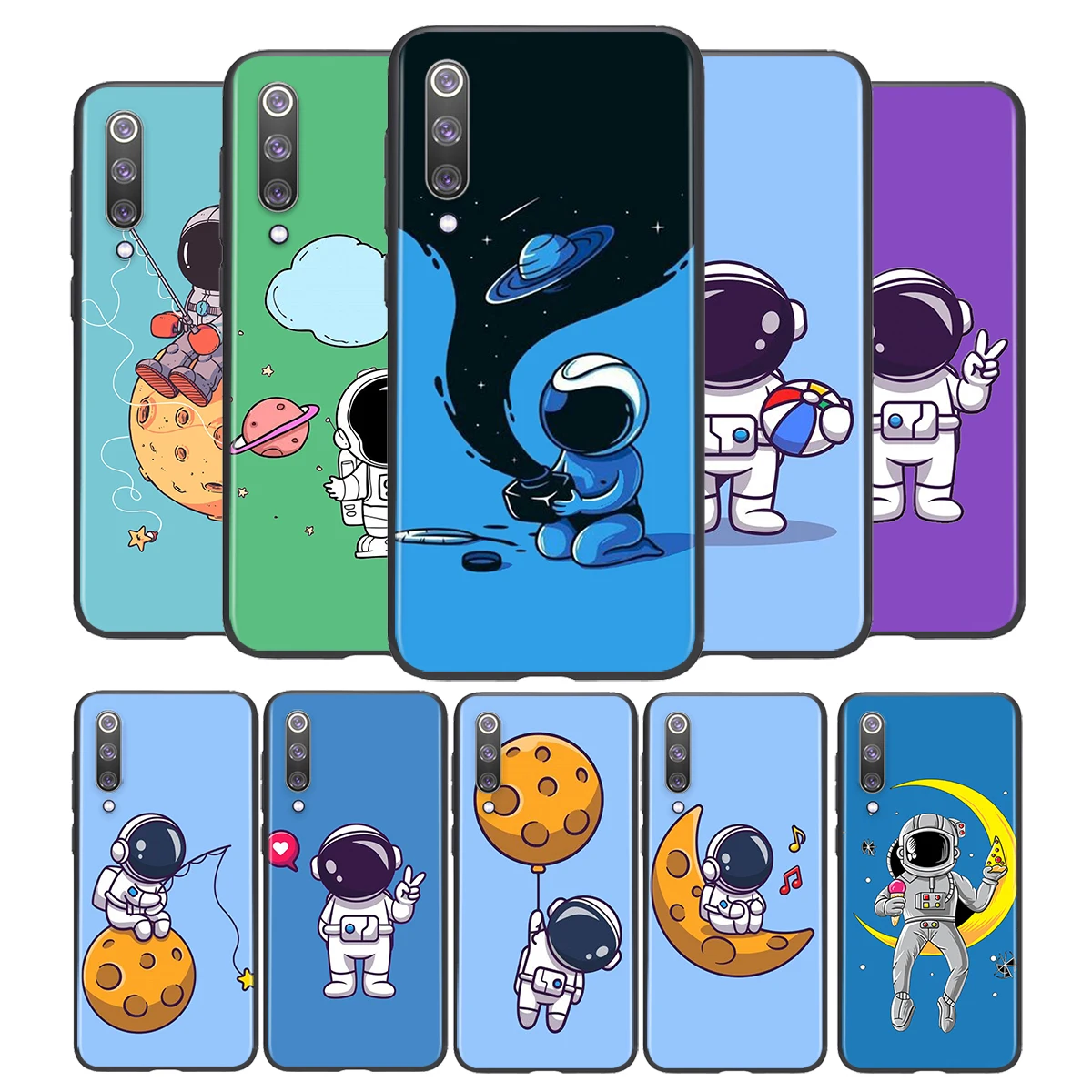 

Cartoon happy astronaut For Xiaomi Mi 11i 11 10T 10 9T 9 A3 8 Lite CC9 SE Note10 Lite Ultra Pro Black Soft Phone Case