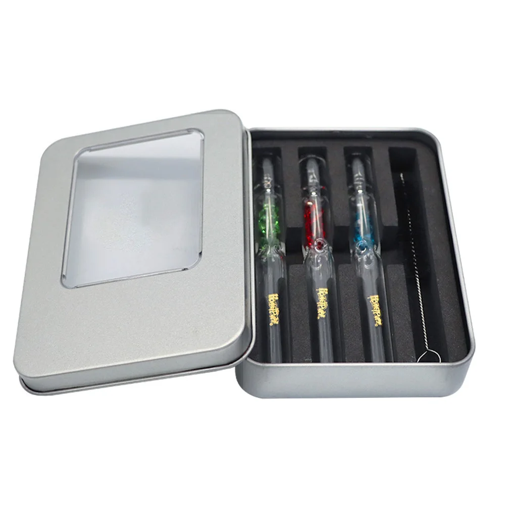 

3 Pieces Glass Gem Pipes With Filter Brush Combo Tin Box Set