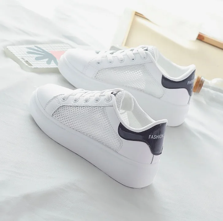 white black shoes Женские кроссовки; г.; Летняя женская повседневная обувь из сетчатой ткани; дышащая модная женская обувь на плоской платформе; белые туфли - Цвет: white black shoes
