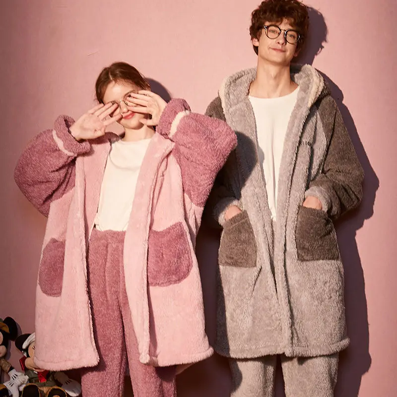 Couple Pajamas Plush Coral Velvet Cute Nightgown Autumn Winter Men's Womens Pajamas Suit Home Service Hooded Nightgown Fashion