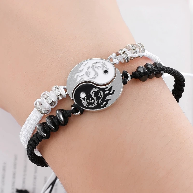 Bracelets de Couple Tai Chi en cuir  rétro  pendentif en alliage Yin et Yang  noir et blanc  deux