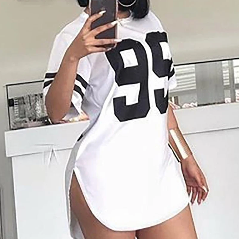 2021 New Number Print Short Sleeve Dresses for Women Summer Casual Solid O-neck Dresses New Loose White Dress Sundress Robe Mini