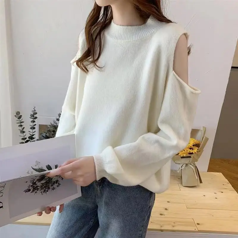 

Women Sweaters Vintage Daily Oversized Cropped Tops Girls Pullovers Women Long-sleeved Jumper Solid Color Knitted Pullovers