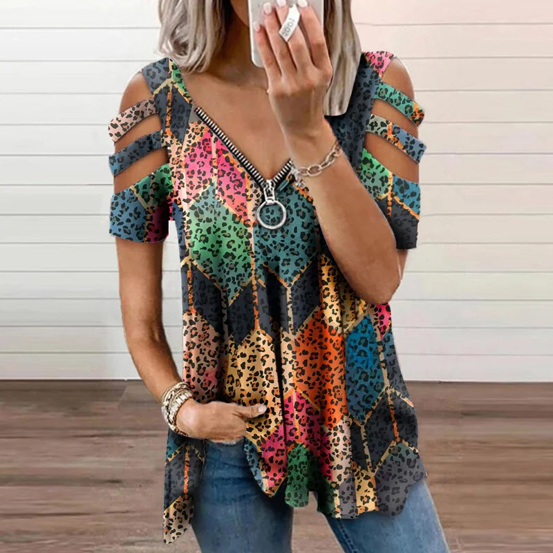 

Sexy Zipper V-neck Women Blouse Vintage Glitter Patchwork Hollow Out Fashion Shirt Blusas Spring Summer Short Sleeve Loose Tops