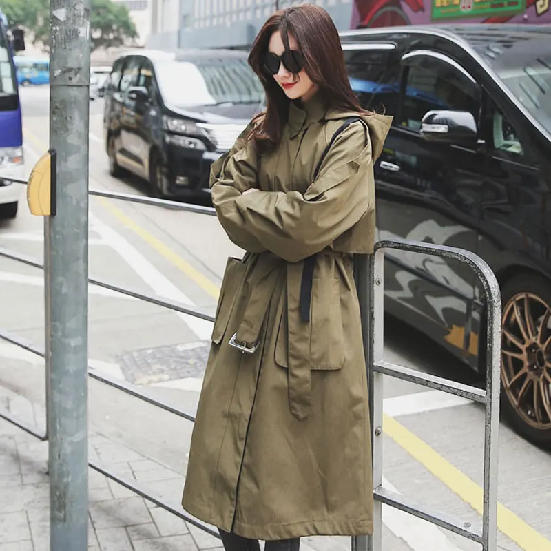 

New Fashion 2021 Fall Autumn Women Casual Oversized Large Pockets Loose Trench Coat Chic Female Windbreaker