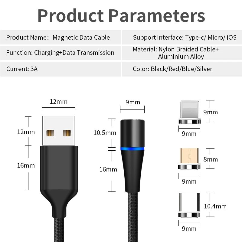 Магнитный зарядный кабель USB C для Huawei P30 Xiaomi Samsung S9 Micro Type IPhone XR 8 7 6s Plus 3A провод