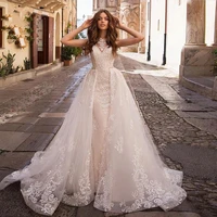 luxury mermaid wedding dresses sleeveless detachable train 2 in 1 lace beaded applique plus size bride wedding gowns