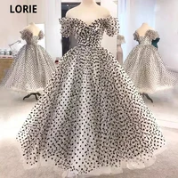 lorie off the shoulder 2021 princess dot tulle short prom dresses tea length short sleeves formal party gowns evening wear