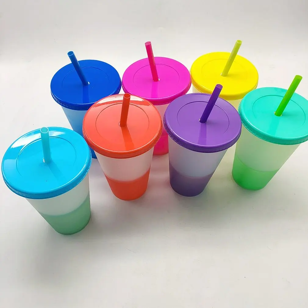 

7Pcs 480ML Reusable Color Changing Cold Cups Plastic Colorful Cold Water Color Changing Coffee Cup Mug Water Bottles With Straws