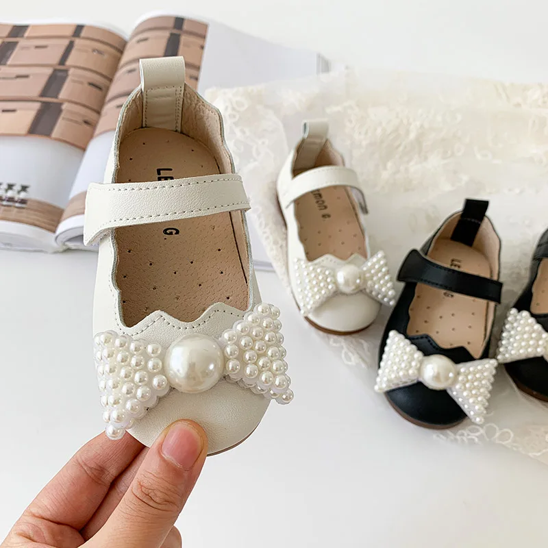 Girls Shoes Pearls Bow Mary Janes Kids Flats White Wedding For Flowers Princess Baby Bead Single Shoe |