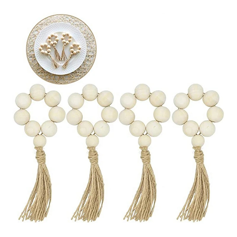 

12Pcs Wood Bead Napkin Rings with Tassels Rustic Farmhouse Wood Beads Garland Wall Hanging Decor Weddings Home Decor