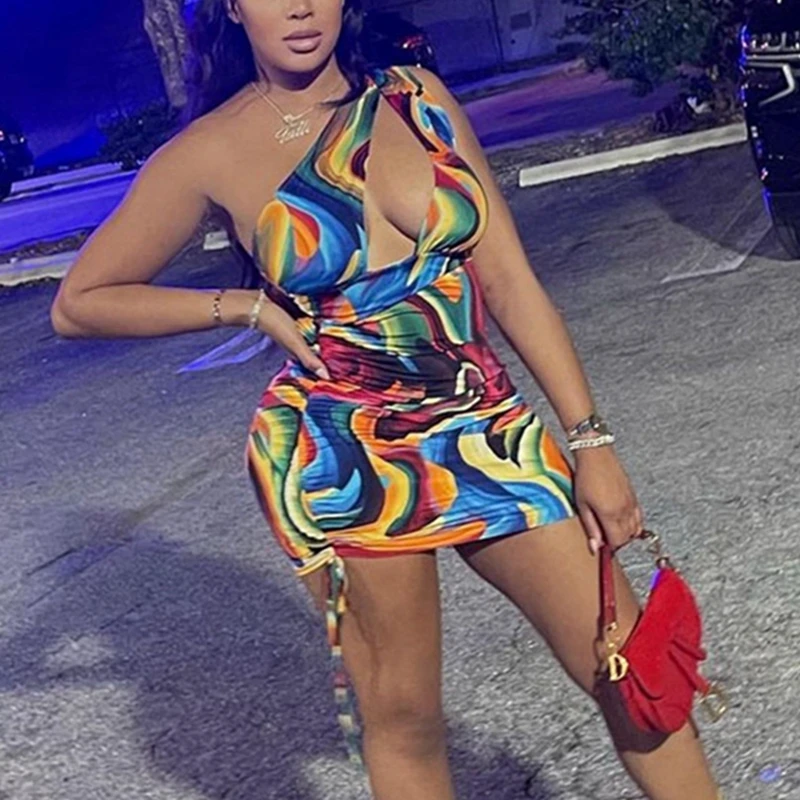 

Summer One Shoulder Ruched Dress For Women Paisley Print Drawstring Mini Tank Dresses Sexy Hollow Out Bodycon Club Party Outfits