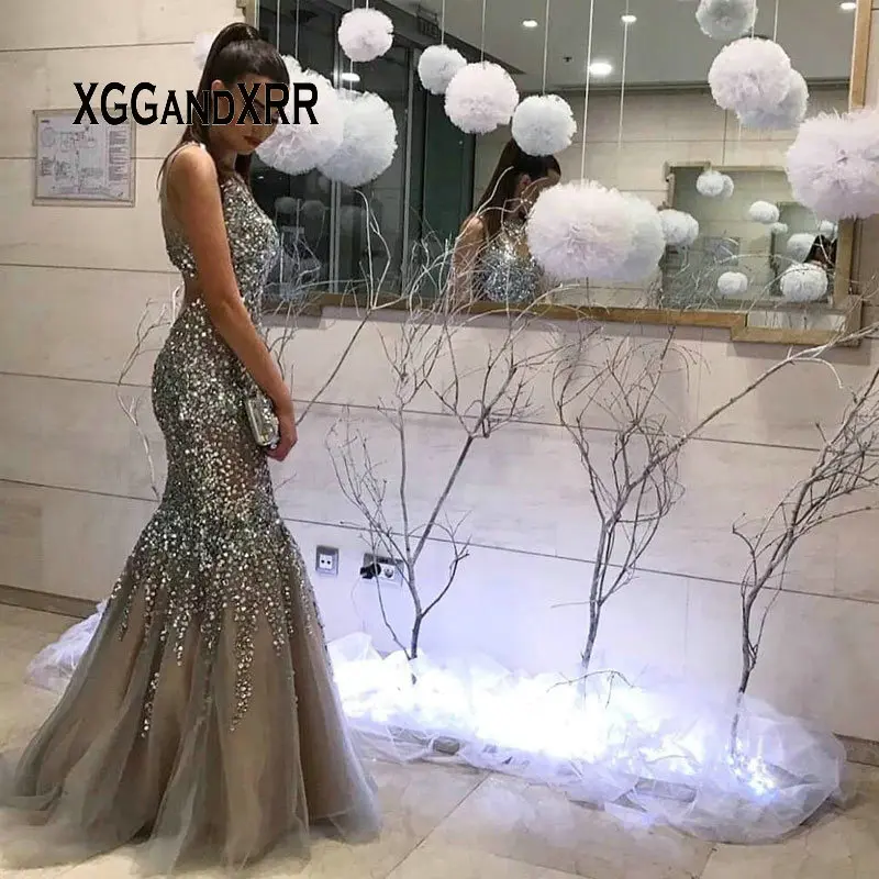 

Luxury Silver Gray Mermaid Prom Dress 2021 Elegant O Neck Heavy Beaded Sequins Long Formal Evening Dress Women Party Gown