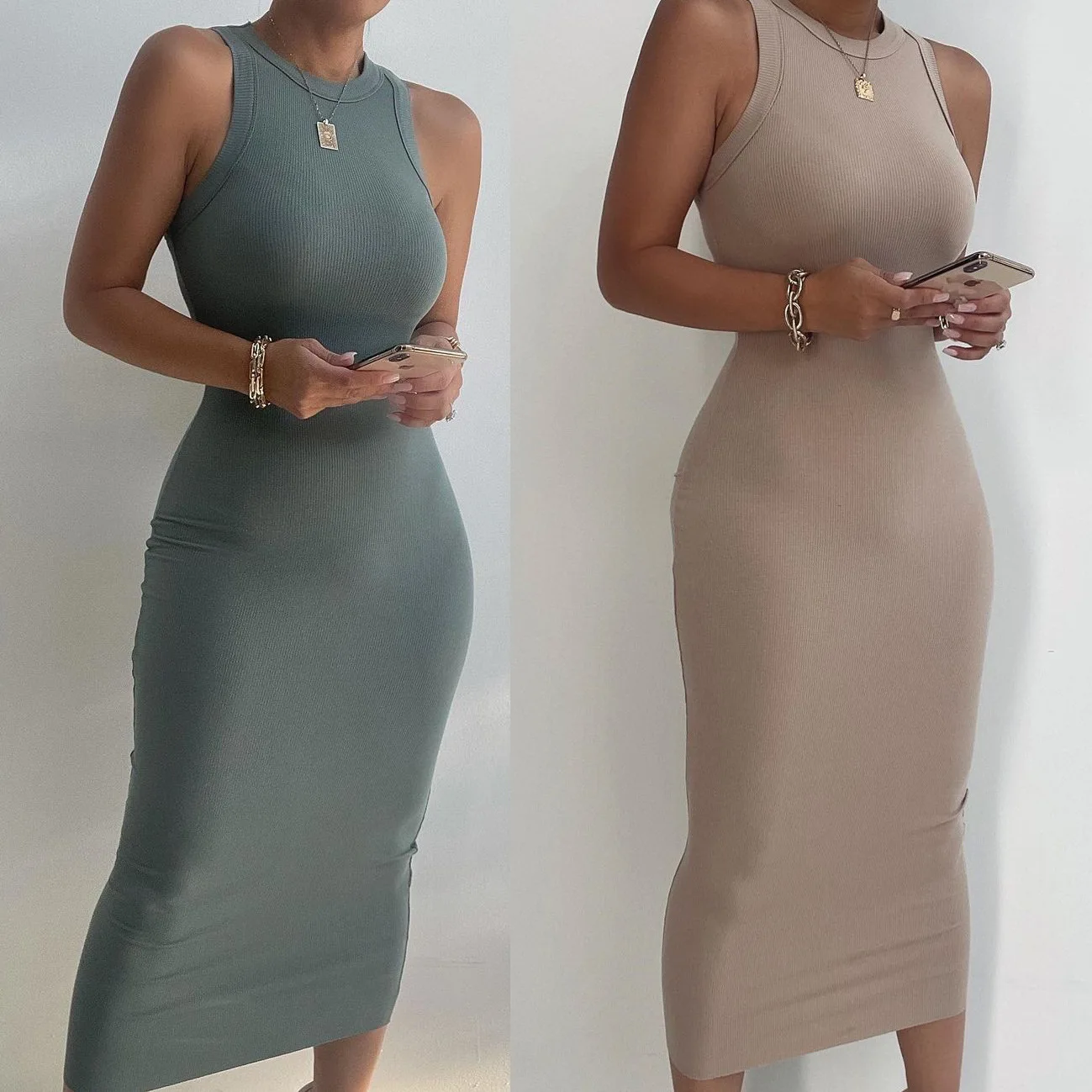 

Women Robe Femme Solid Color Pencil Dresses Patchwork O-Neck Sleeveless Slim Hips Long Dress For Woman Clothing Vestido De Mujer