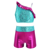 kids girls sports suit sleeveless shiny sequins tank crop top with shorts set for ballet dance modern latin rumba dance clothes