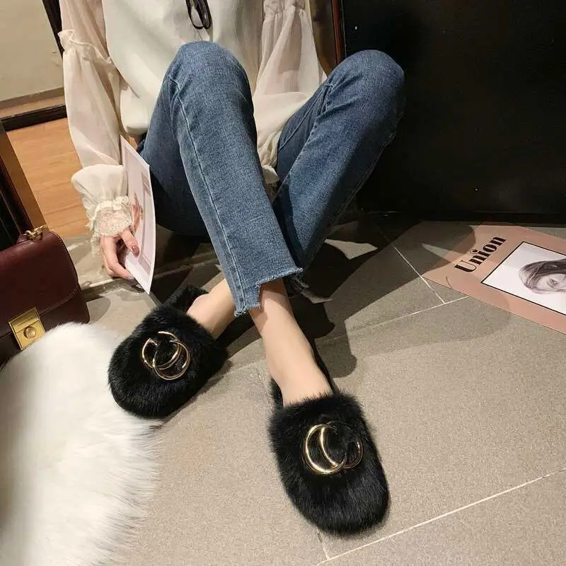 

Winter Women House Slippers Faux Fur Fashion Warm Shoes Woman Slip on Flats Female Slides Black Pink cozy home furry slippers