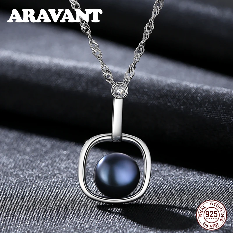 

925 Sterling Silver Square Natural Pearl Jewelry White Black Pearl Pendant Necklace For Women Sterling Silver Necklaces