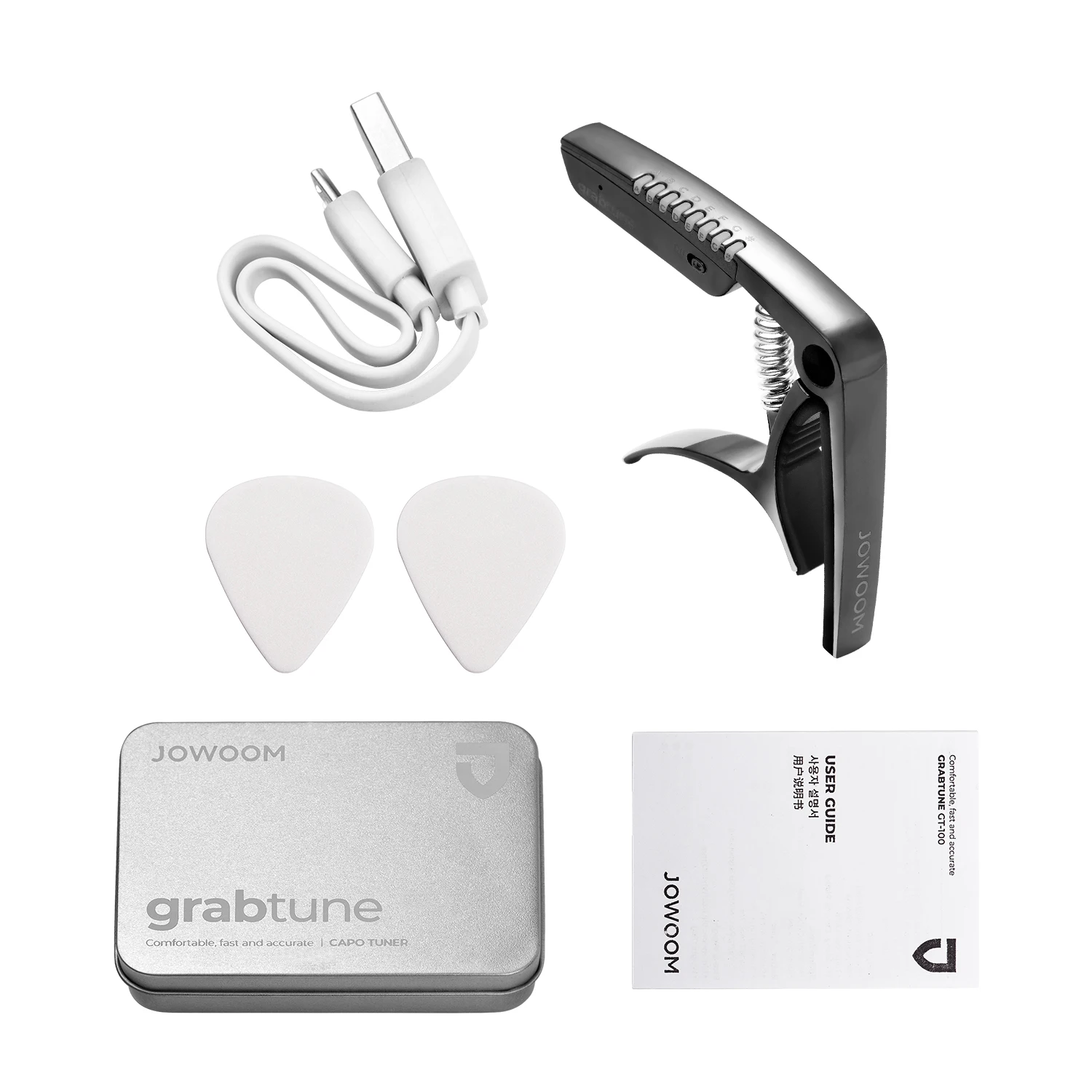 JOWOOM GRABTUNE GT-100 2-в-1 Многофункциональный каподастр и тюнер для гитары из цинкового сплава с встроенной аккумуляторной батареей, индикаторами RGB LED.