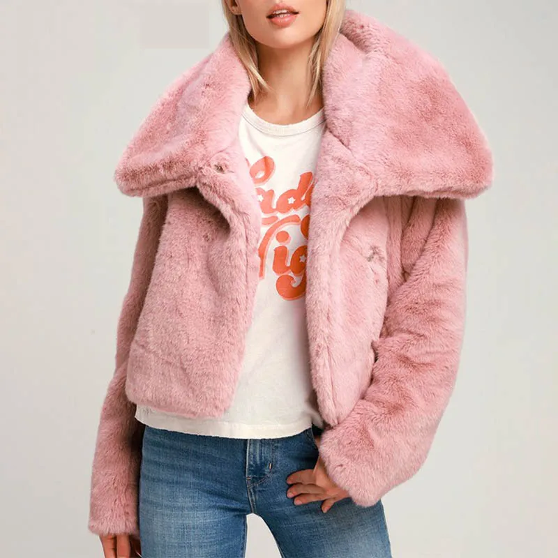 Зимнее Розовое женское пальто из искусственного меха с длинным рукавом мягкая