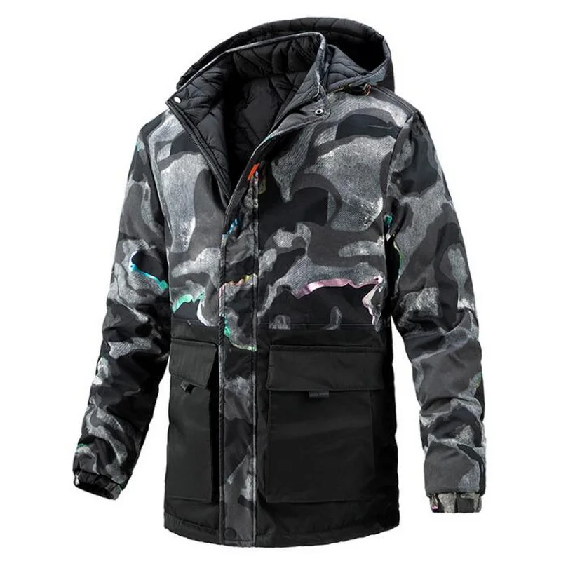 VXO Men's Parka Mid-Length Coat Graffiti Patchwork Camouflage Double-Sided Wear Jacket  Streetwear Winter Warm Outdoor Coat