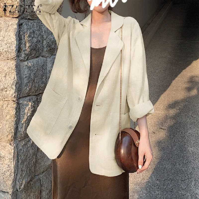 

Womens Autumn Blazer ZANZEA Solid Long Sleeve Cardigans OL Casual Loose Elegant Outwear 2022 Fashion Cotton Linen Coat