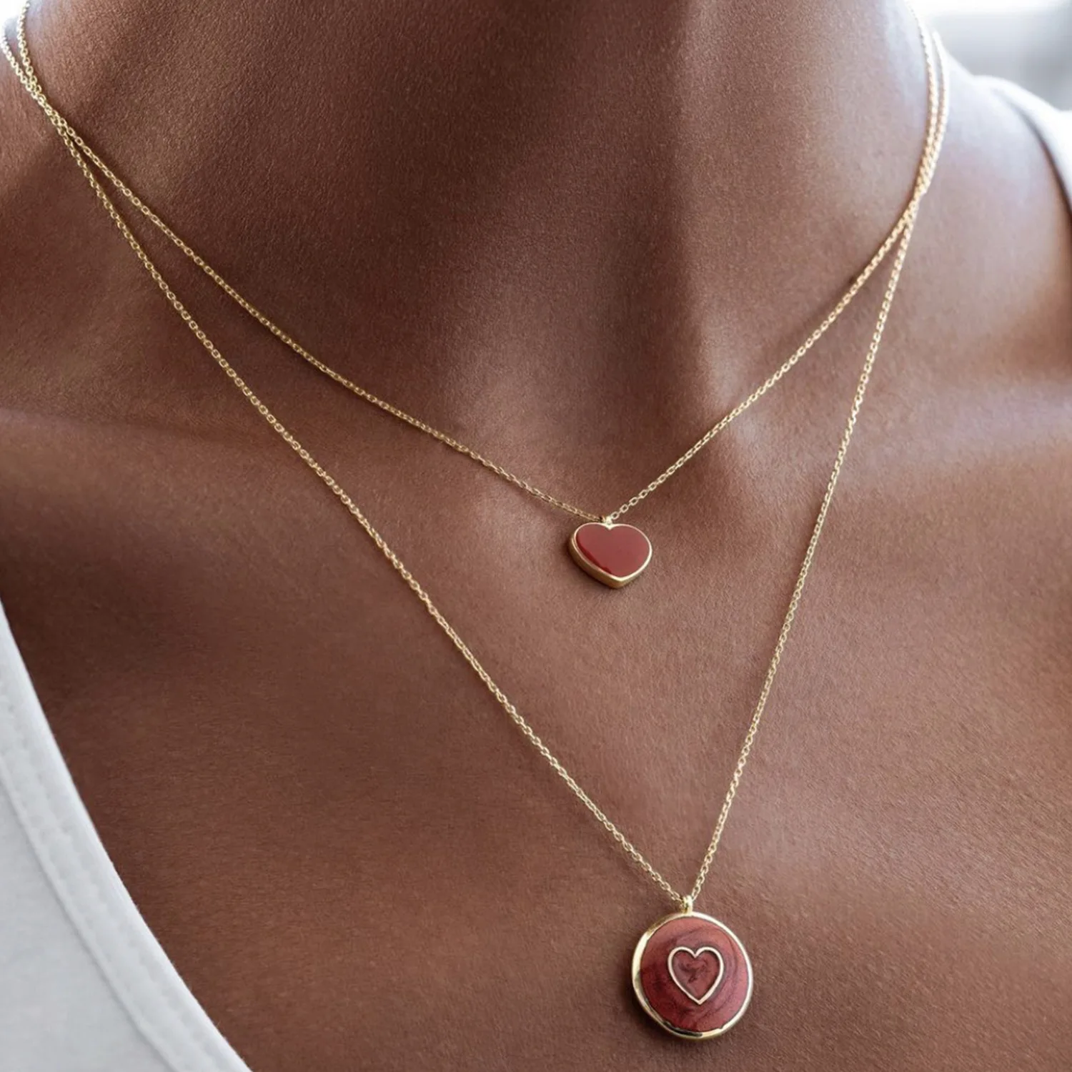 

ins Retro Heart-Shaped Necklace Red Color Drop Oil Peach Heart Pendant Double Clavicle Chain Female Women's Jewelry Gifts