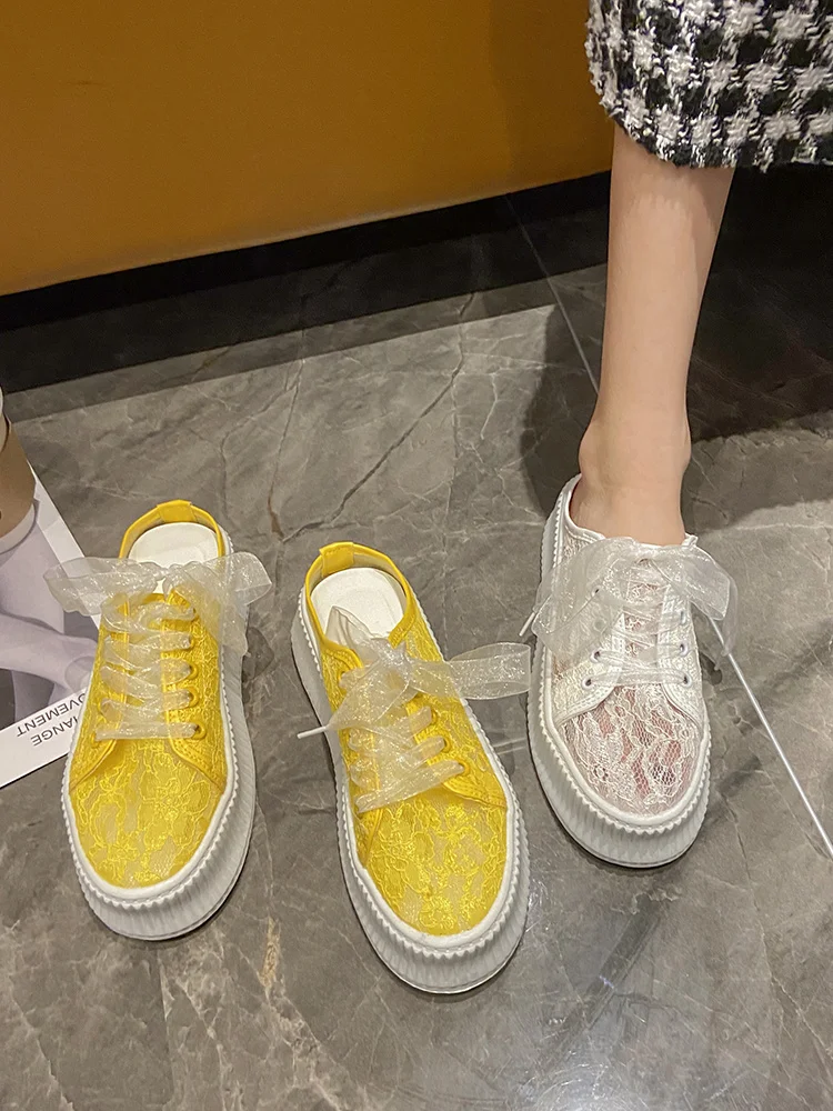 

Platform Flats Women Shoes Summer Muffin Thick Bottom Lace Mesh Slippers Breathable Casual Lazy Loafers Sneaker