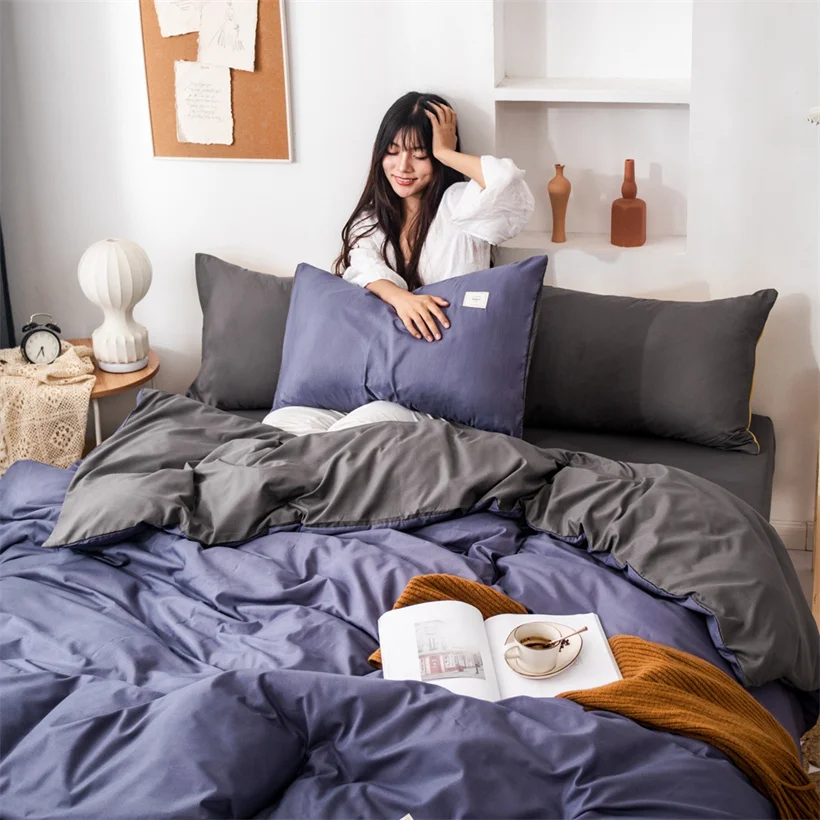 

Washed Cotton Home Textile Solid Color Simple Bedding Set A/B Double Color Quilt Cover Fitted Sheet Soft Bed Linens Pillowcases